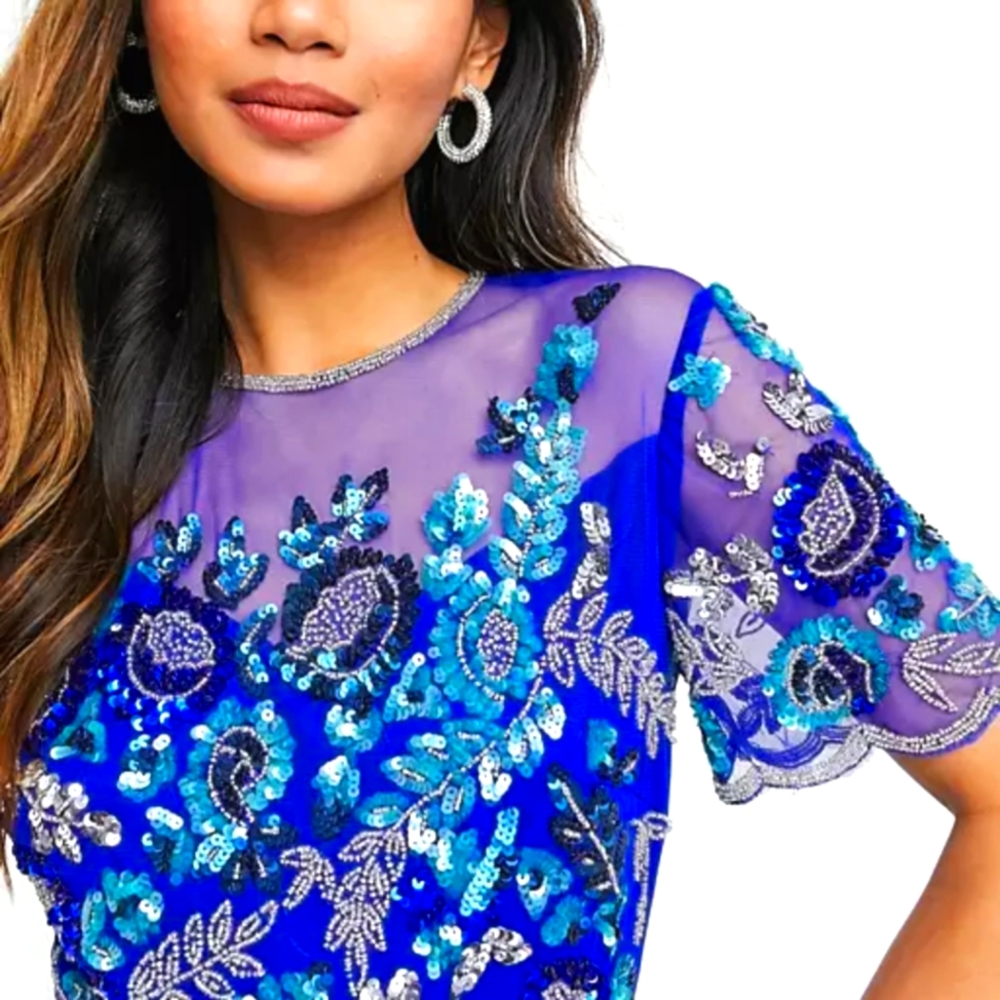 ASOS Blue Embellished Sheer Asymmetrical Dress